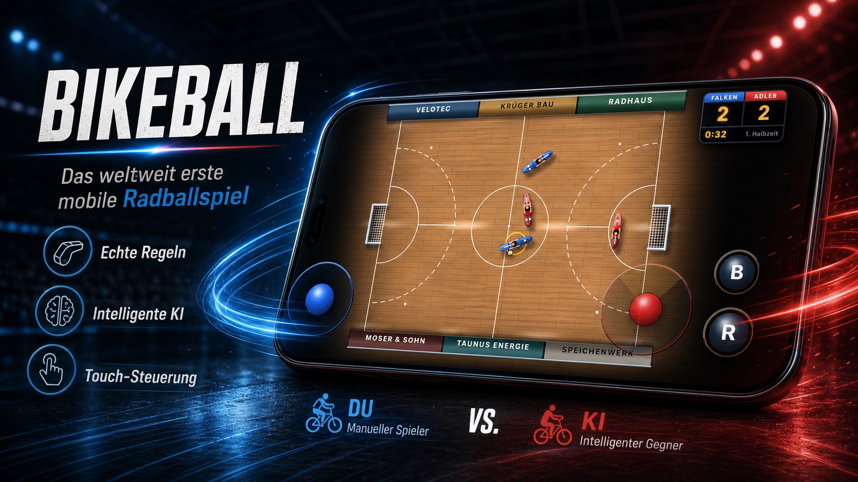 Preview of the cycle-ball app Bikeball: top-down view of an indoor court with four riders, the ball at centre court, plus score and touch controls on a smartphone.